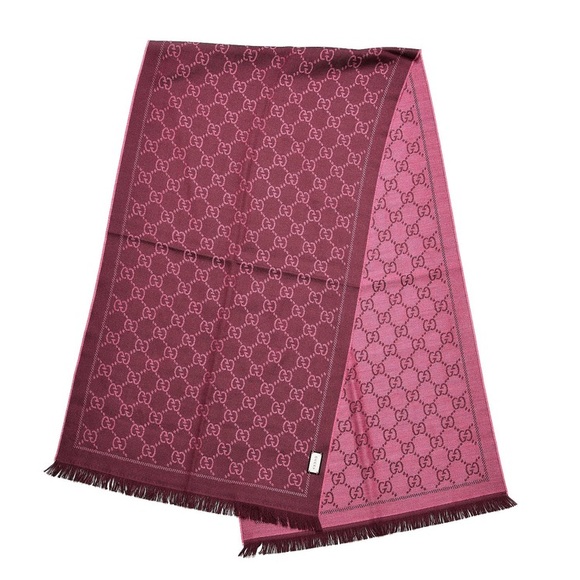 Gucci Wool Monogram Fringe Scarf Magenta Bordeau - Picture 7 of 8